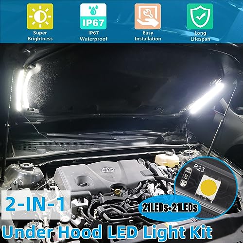 2-in-1 Under Hood LED Light Kit, Waterproof 12V Car LED Light Bar Car Underhood Work Lights with Automatic On/Off, 2pcs 36cm/14.17in 21LEDs Light Strip Kit, Universal Fits Any Vehicle