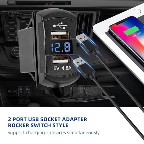 Anina Rocker Switch Style Dual USB Car Charger Port, 12V-24V Waterproof USB Socket with Blue LED Voltmeter, 4.8A USB Outlet Replacement for Marine Toggle Switch Panel on Boat Truck SUV RV UTV