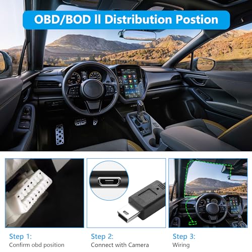 CERRXIAN OBD Power Cable for Dash Camera, OBD to Mini USB OBD Adapter Hardwire Charger Cable 24 Hours Surveillance/Acc Mode with Low Voltage Protection 12-24V to 5V 3A (11.5FT) (Straight mini USB)