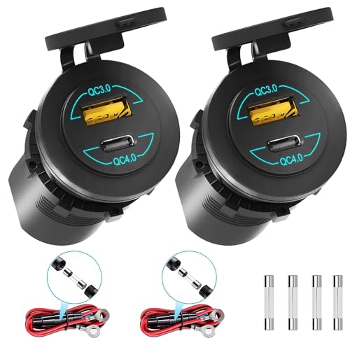 2 Pack 12V USB Outlet - 90W(Max) Dual Ports QC4.0 PD & Quick Charge3.0 Car Charger Socket with LED Indicator - Waterproof USB C Port for Car Boat Marine Motorcycle RV Truck ATV Golf Cart
