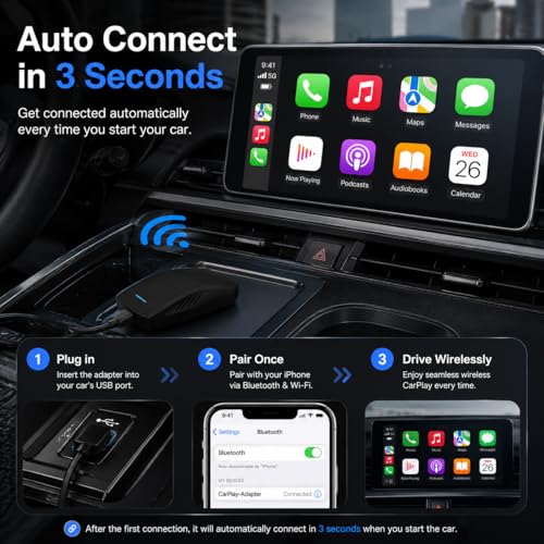 Wireless CarPlay Adapter for iPhone, Converts Wired CarPlay to Wireless, Fast Auto Reconnect, Plug & Play, Stable Low-Latency Connection, Mini Design for OEM Wired CarPlay Cars