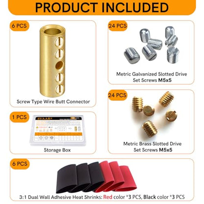 4 Gauge Wire Butt Connectors 6 PCS Brass Mechanical Butt Splice Connectors Kit 4 AWG Mechanical Repair Splice Kit Splice Screw Sleeves 6 PCS Mechanical Splices & 3:1 Heat Shrink Tubes - color: Bare Brass