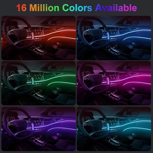 YUGUANG 5 in 1 Interior Car Lights Strip, Multicolor APP Control Music Sync RGB LED Car Ambient Lighting Kit with 236 inches Fiber Optic Cables