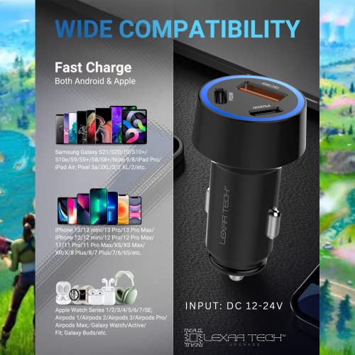 USB C Car Charger Fast Charging - LEXAA TECH 58W USB Car Charger Adapter Dual Port PD&QC 3.0 Compatible with iPhone 16 15 14 13 12 Pro Max X XR XS Samsung Galaxy Note 20/10 S24/S23/22/21 Google