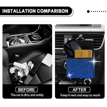 Car Vent Storage Organizer, Rhinestone Car Air Vent Leather Storage Pouch, Bling Automotive Hanging Bag Pocket Case, Universal Auto Mount Cell Phone Sunglasses Coin Holder (Blue) - color: Blue
