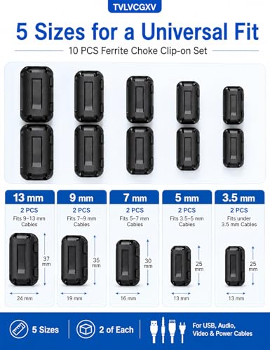 10-Piece Ferrite Choke Set, 3.5-13mm EMI/RFI Noise Filters for Cables