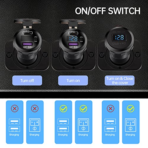 Quick Charge 3.0 Dual USB Car Charger Socket with LED Voltmeter and ON Off Switch Fused Wire Kit 12V/24V PD QC3.0 Fast Charge USB Outlet for Car Boat Marine RV Truck Golf