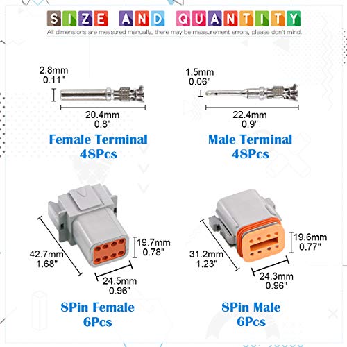 Glarks 102Pcs 8 Pin Way Sealed Gray Male and Female Auto Waterproof Electrical Wire Connector Plug 22-16AWG Connector for Motorcycle, Scooter, Car, Truck, Boats - size: 8 Pin