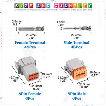 Glarks 102Pcs 8 Pin Way Sealed Gray Male and Female Auto Waterproof Electrical Wire Connector Plug 22-16AWG Connector for Motorcycle, Scooter, Car, Truck, Boats - size: 8 Pin
