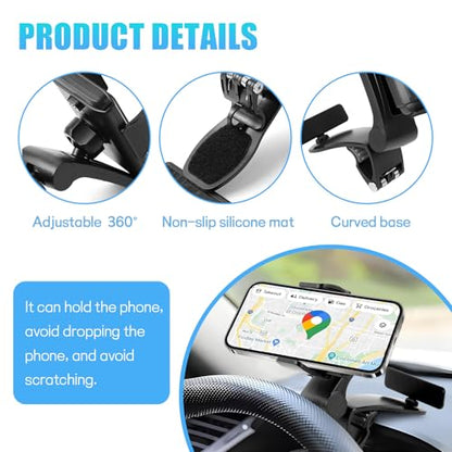 Car Phone Holder, Multifunctional Dashboard Phone Holder for Car, 360 Degree Rotation Auto Cell Phone Mount, Universal Dash Board Car Clip Mount Stand for All Smartphones 4"-7"