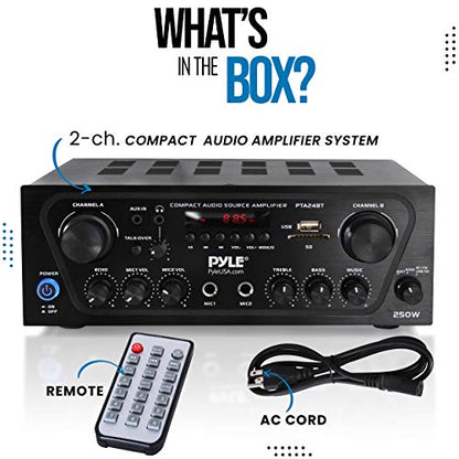 Pyle 2-Channel Bluetooth Home Stereo Amplifier - 250W Wireless Audio Receiver, Karaoke Optimized: Dual Mic In with Echo, Mic Talk-Over, FM Radio, USB-A MP3 Player, RCA, AUX, Remote Ctrl - PTA24BT