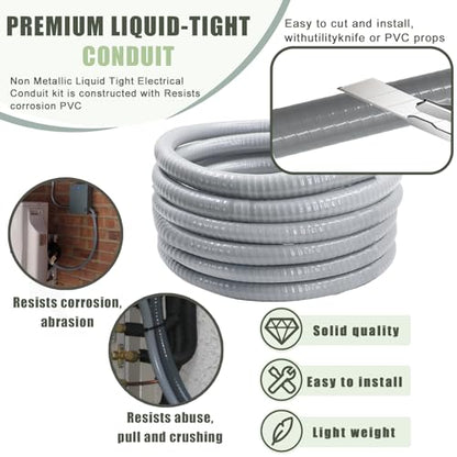 1 Inch 25 FT Non Metallic Liquid-Tight Conduit and Connector Kit - Includes 5 Straight and 4 Angle Fittings for Electrical Wiring - size: 1 Inch 25 Ft