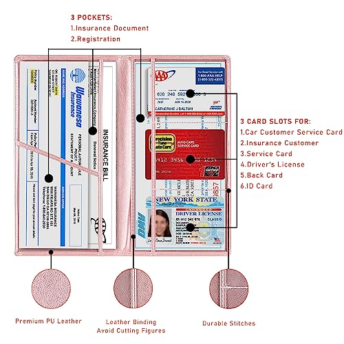 Kewucn Car Registration and Insurance Card Holder, Leather Auto License Document Glove Box Compartment Organizer, Essentials Vehicle Wallet Case for Driver License, ID Card (Rose Gold) - color: Large-Rose Gold-2