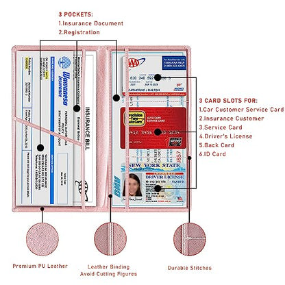 Kewucn Car Registration and Insurance Card Holder, Leather Auto License Document Glove Box Compartment Organizer, Essentials Vehicle Wallet Case for Driver License, ID Card (Rose Gold) - color: Large-Rose Gold-2