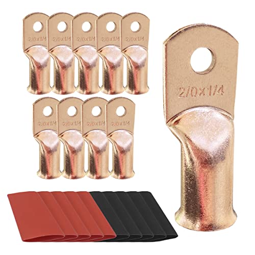 10pcs 2/0 AWG-1/4 Ring Battery Lugs, Copper Lugs, Battery Cable Ends, Tubular Ring Terminals, Crimp Wire Ring Lugs, Battery Terminal Connectors with Heat Shrink Tubing (10, 2/0 Awg - 1/4" (M6) Ring) - size: 2/0 Awg - 1/4" (M6) Ring