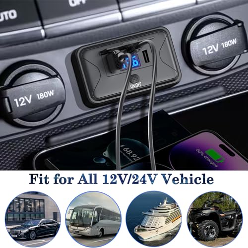90W 12V USB Outlet Panel Wall Mount, Dual 36W USB C and QC 3.0 18W Car USB Port Charger with Voltmeter Button Switch, Waterproof 3 USB Multi Port Power Outlet DIY 12V Accessories for Car Bus RV -2 PC - size: 2PCS