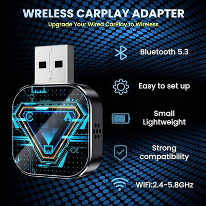 Wireless CarPlay Adapter 3 in 1, Convert Wired CarPlay to Wireless, Support Android Auto, AirPlay Screen Mirroring, Plug and Play for Cars with Factory Wired CarPlay