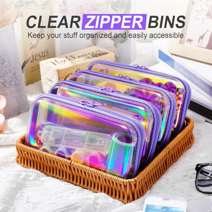 Hoolerry 4 Pcs Hard Clear Zipper Case,Clear,7.5 X 3.9 X 2 In,Purple Laser - color: Purple Laser, size: 7.5 x 3.9 x 2 in