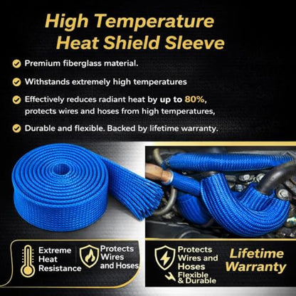 Fiberglass Heat Wire Shield Sleeve Heat High Temp 1800 degree Shield Adjustable Heat Shield 10Ft 3/8"(10mm) I.D Blue for Car Wire Loom Protection - color: Blue, size: 3/8'' ID x 10'