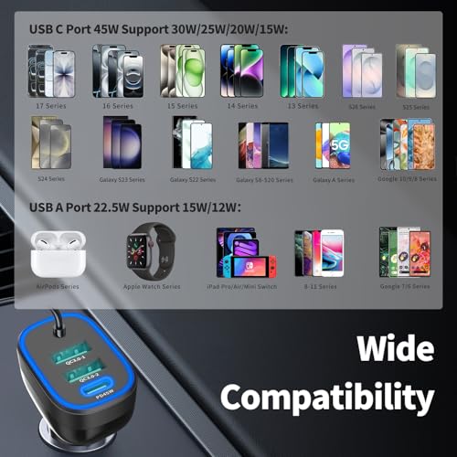 90W USB C Super Fast Car Charger for iPhone 17 Pro Max/Air/16/Android Phone
