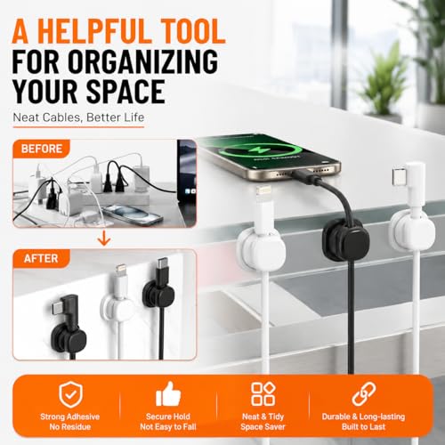 6Pack Cord Organizer - [Dual Spring & Clasp Lock] Cable Management Clips, Adhesive Phone Charger Keeper, Compact Wire Holder for Nightstand/Car, Home Office Desk Accessories Decor Essentials