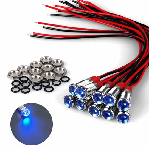 10Pcs 6mm (1/4") 12V-24V AC/DC 20mA Meatl LED Indicator Light Wide Flat Head Waterproof Signal Lamp Pilot Dash Directional with Wire（Blue LED 10Pcs - color: Blue, size: 6mm / 12V-24V