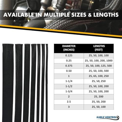 Kable Kontrol Flame Retardant PET Expandable Braided Sleeving 3/8” Inch ID 25 Feet Long - UL94 V0 Fire & Abrasion Resistant Flexible Sleeve Wire Management for Home, Industrial Use – Black - color: Black, size: 0.38 Inch (3/8") - 25 Feet