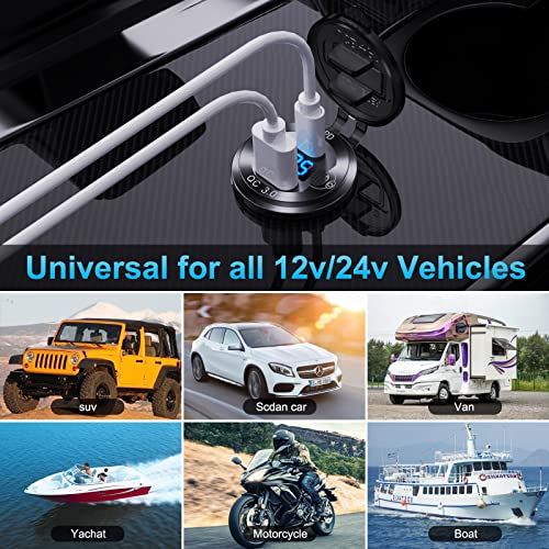 12V USB C Aluminum Car Charger Socket, 12 Volt Outlet, PD 20W and Quick Charge 3.0 18W Car USB Port Waterproof with Voltmeter & Power Switch, Suitable for Marine Truck Motorcycle Boat Golf cart RV - color: Aluminum