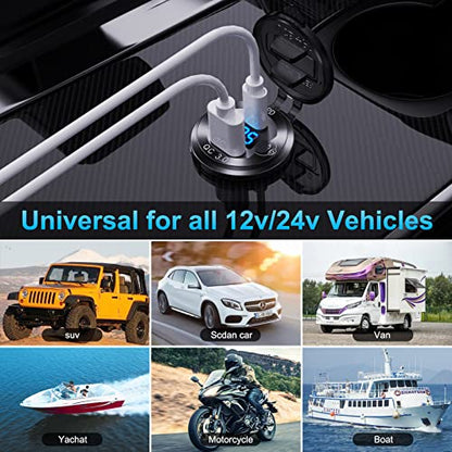 12V USB C Aluminum Car Charger Socket, 12 Volt Outlet, PD 20W and Quick Charge 3.0 18W Car USB Port Waterproof with Voltmeter & Power Switch, Suitable for Marine Truck Motorcycle Boat Golf cart RV - color: Aluminum