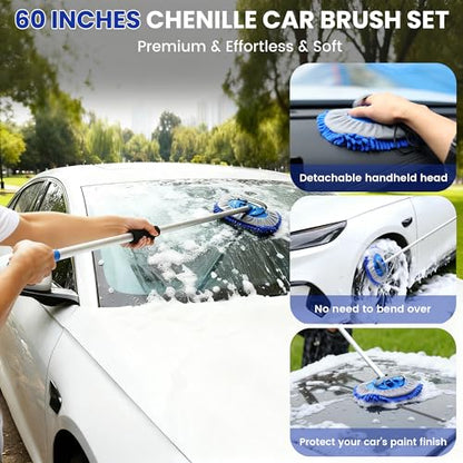 Car Wash Brush with Long Handle, 60'' Car Wash Mop, 7Pcs Chenille Microfiber Cars Washing Kit with Window Squeegee/Microfiber Towels /Wheel Brush for Cars RV Truck Boat Floor Window, Blue - color: Blue