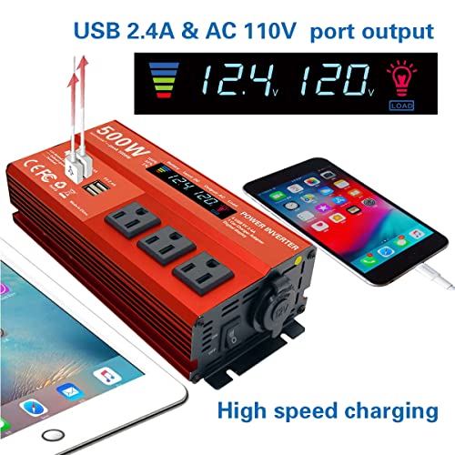 500W Peak 1000W Power Inverter for Vehicles,DC 12V to 110V AC,4 x 2.4A USB Ports car Plug in Adapter Outlet with 1 Cigarette Lighter Ports car Power Inverter - size: 500W
