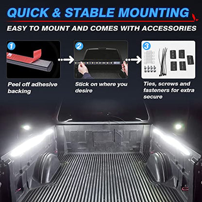 MICTUNING 2Pcs 60 Inch White LED Cargo Truck Bed Light Strip Lamp Waterproof Lighting Kit with On-Off Switch Fuse 2-Way Splitter Cable Compatible with Pickup RV SUV and More - size: 2Pcs 60" White