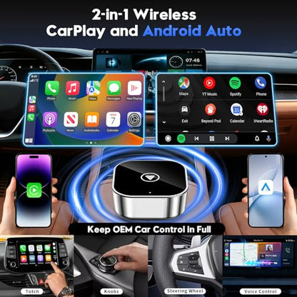 2-in-1 Wireless CarPlay and Android Auto Adapter, 2026 Upgraded Wired to Wireles s Converter, Wireless CarPlay Adapter for Apple iPhone & Android,Plug-and-Play, Stylish and Compact Design