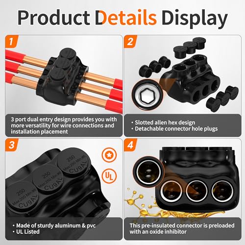 Joinfworld 3 Port Insulated Multi Tap Connector 250MCM-6 Gauge Wire Connectors Aluminum to Copper Wire Connectors Dual Entry Black Electrical Cable Connectors with Slotted Allen Hex - 4 Pack - size: 250MCM-6 AWG
