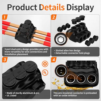 Joinfworld 3 Port Insulated Multi Tap Connector 250MCM-6 Gauge Wire Connectors Aluminum to Copper Wire Connectors Dual Entry Black Electrical Cable Connectors with Slotted Allen Hex - 4 Pack - size: 250MCM-6 AWG