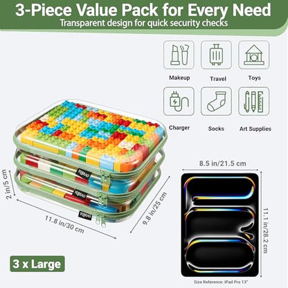 YQBRAO Clear Hard Shell Zipper Cases, 3 Large Travel Organizers, Green - color: Green, size: 3 Pack(L)