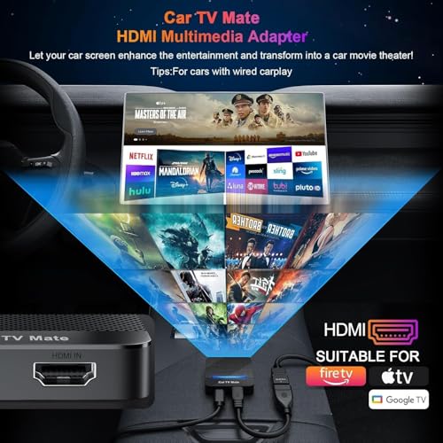 Car TV Mate-HDMl Multimedia Adapter for Fire T V Stick/Google T V Sticks/Game Consoles/Screen Throwers,2 in 1 Carplay TV Adapter with HDMI and USBC Port for iPhone, Convert Wired to Wireless Car Play