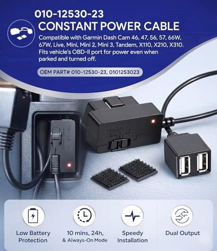 010-12530-23 Constant Power Cable for Garmin Dash Cam 46 47 56 57 66W 67W, Live, Mini, Mini 2 3, Tandem, X110, X210, X310, DashCam, Fits Vehicle's OBD-II Port for Power Even When Parked and Turned Off