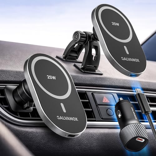 Galvanox Magnetic Wireless Car Charger Mount for Samsung Galaxy Phones, 25W Fast Charging (Compatible with MagSafe), Dashboard & Vent Phone Holder with 45W USB-C Adapter
