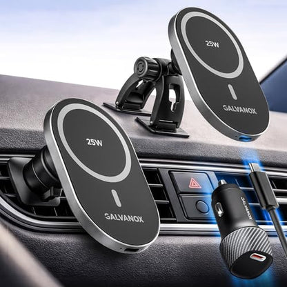 Galvanox Magnetic Wireless Car Charger Mount for Samsung Galaxy Phones, 25W Fast Charging (Compatible with MagSafe), Dashboard & Vent Phone Holder with 45W USB-C Adapter