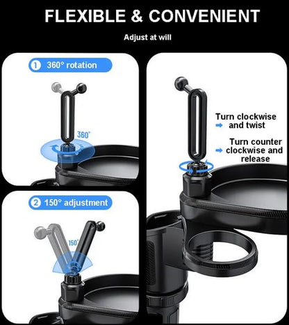 4-in-1 Car Cup Holder Expander with 360° Swivel Tray, Universal Adjustable Base for Large Mugs and Bottles, Integrated Smartphone Mount for Food and Snacks, Black