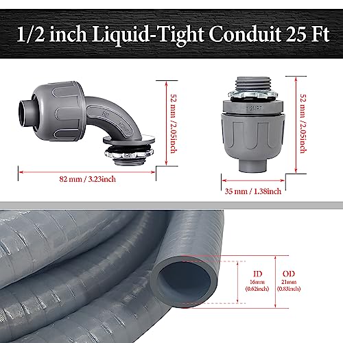 Liquid-Tight Conduit - 1/2inch 25 Foot Flexible Non Metallic Liquid Tight Electrical Conduit Kit, With 4 Straight and 3 90-Degree Conduit Connector Fittings.1/2" Dia - size: 1/2inch 25Ft