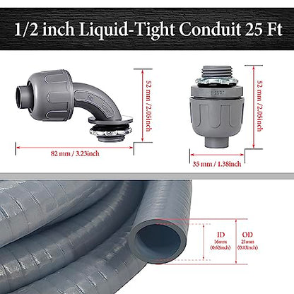 Liquid-Tight Conduit - 1/2inch 25 Foot Flexible Non Metallic Liquid Tight Electrical Conduit Kit, With 4 Straight and 3 90-Degree Conduit Connector Fittings.1/2" Dia - size: 1/2inch 25Ft
