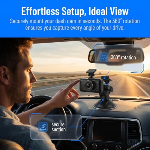 ULTECHNOVO Car Suction Mount Bracket L Shaped Dash Cam Mount for Dashboard and Windshield 360 Degree Adjustable Driving Recorder Holder for Cars Taxis Trucks