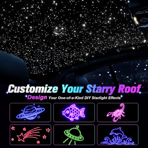 CHINLY 1000Pcs Split Starlight Headliner Kit, 4 Light Heads 0.02in 4.92ft RGBW Star Lights for Car, 16W Starlight Kit APP/Remote Control, Flexible Wiring for Car Roof Ceiling - size: Standard+1000pcs*0.02in*4.92ft