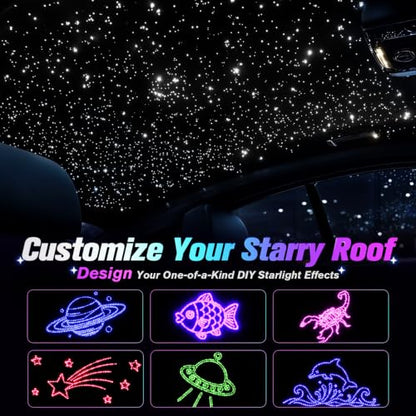 CHINLY 1000Pcs Split Starlight Headliner Kit, 4 Light Heads 0.02in 4.92ft RGBW Star Lights for Car, 16W Starlight Kit APP/Remote Control, Flexible Wiring for Car Roof Ceiling - size: Standard+1000pcs*0.02in*4.92ft