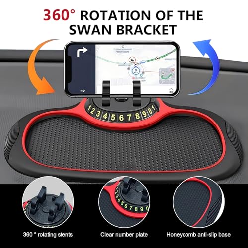 Multifunctional Car Anti-slip Mat, Car Dashboard Anti-slip Pad with Temporary License Plate, 360° Rotatable Dashboard Phone Mount, for Most Cars, Trucks, SUVs (Black & Red)