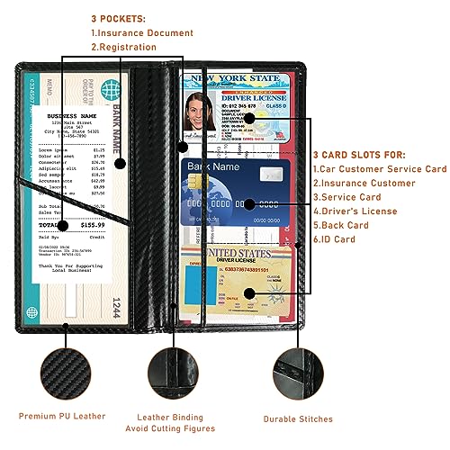 Kewucn Car Registration and Insurance Card Holder, Leather Auto License Document Glove Box Compartment Organizer, Essentials Vehicle Wallet Case for Driver License, ID Card (Black Carbon Fiber) - color: Large-Carbon Fiber Black