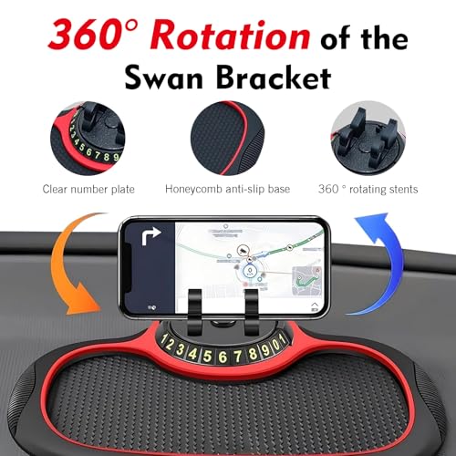 Multifunctional Car Anti-slip Mat, Car Dashboard Anti-slip Pad with Temporary License Plate, 360° Rotatable Dashboard Phone Mount, for Most Cars, Trucks, SUVs (Black & Red)