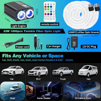 Twinkle Starlight Headliner Light,32W 1000pcs 13.1ft LED Star Ceiling Fiber Optic Light Kit APP/Remote Control for Car/Home/Party - size: 1000pcs*0.029in*13.1ft